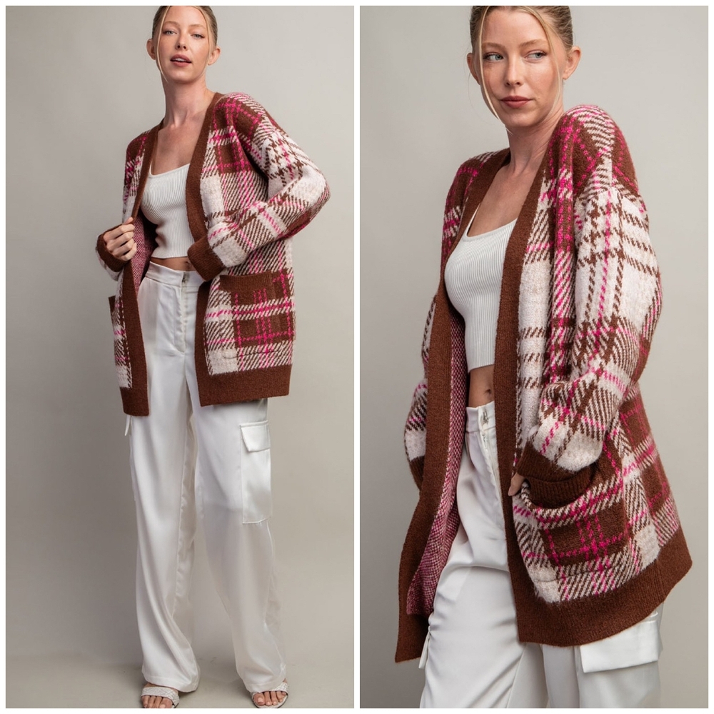 ee:some Cozy Chic Brown Plaid Cardigan - Picture 1 of 13